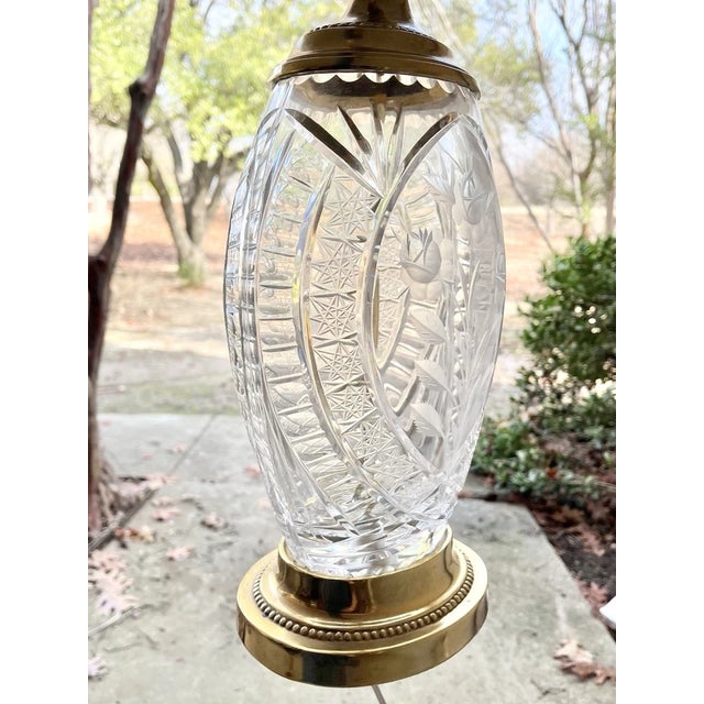 Metal Dresden 1970s Vintage Pair of Cut Rose Flower Crystal Oval Gold Brass Lamps For Sale - Image 7 of 12