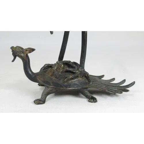 Metal Meiji Early 20th Century Japanese Shokudai Bronze Candlestick Antique Metal Crane Bird Tortoise Animal Lotus For Sale - Image 7 of 12