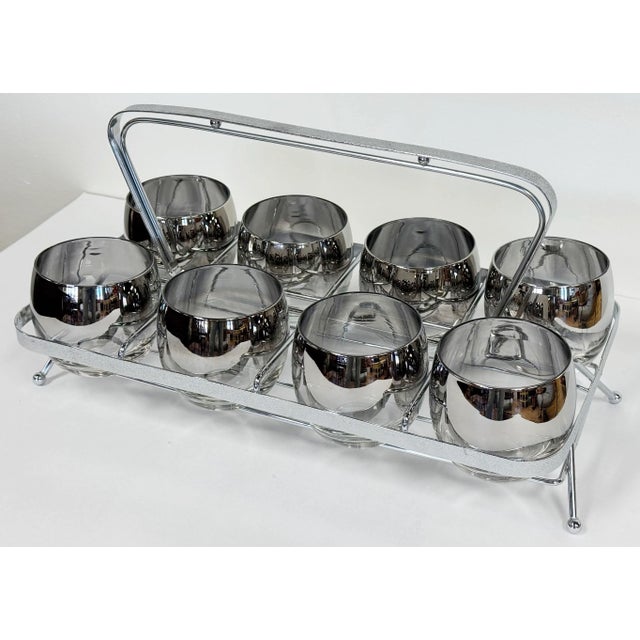 Vintage Mid-Century Modern Dorothy Thorpe style silver fade roly poly glasses in chrome caddy with handle. Set of 8...