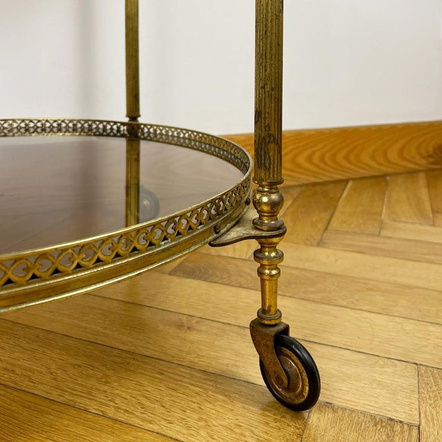 Mid-Century Round Brass and Glass Rolling Trolley For Sale - Image 9 of 11