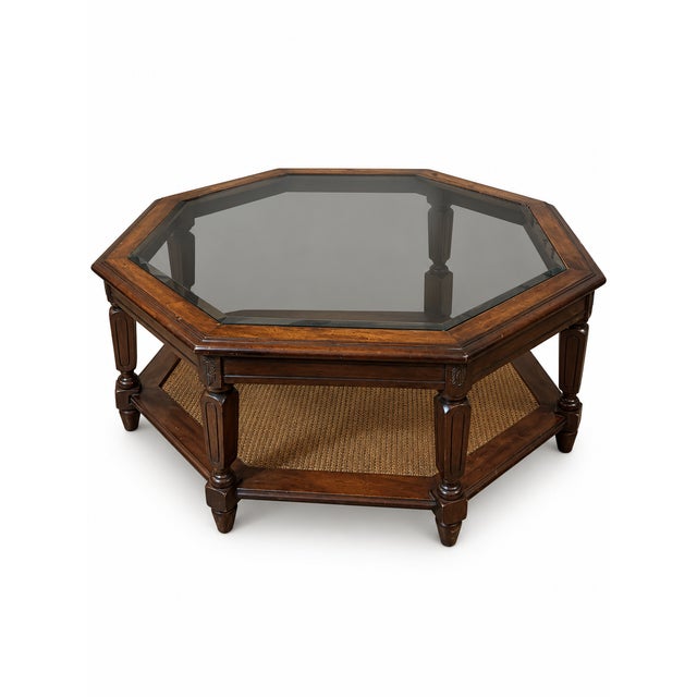 Vintage Hexagonal Wood, Smoked Glass and Cane Coffee Table For Sale - Image 4 of 10