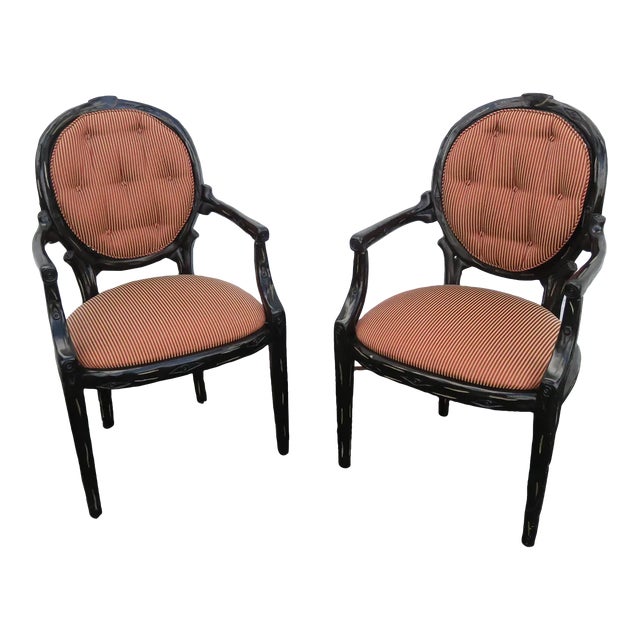 Hollywood Regency Pair of Painted Black Side Livingroom Fireplace Chairs For Sale