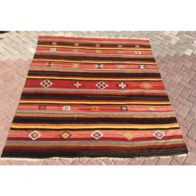 1960s Vintage Striped Turkish Kilim Rug - 71" X 80" For Sale - Image 11 of 11