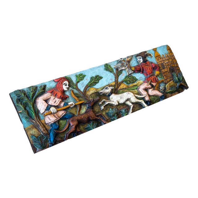 Polychrome Pine Wood Carved Wall Sculpture For Sale