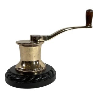 Solid Brass Yacht Winch on Mahogany Base For Sale