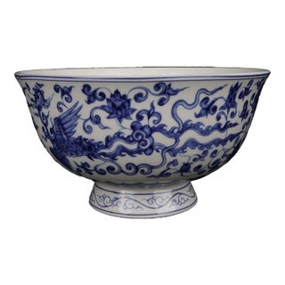 Vintage Blue & White Dragon Stem Bowl For Sale