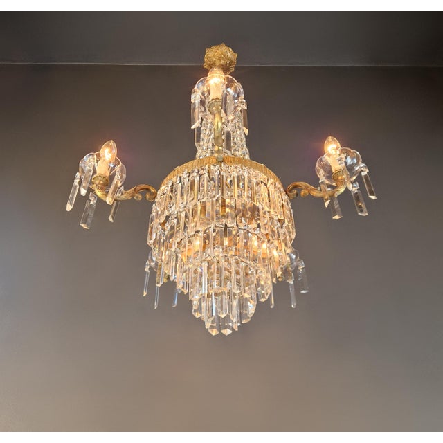 Antique Italian Neoclassical Crystal Chandelier Brass Original Wooden Sockets For Sale - Image 6 of 11