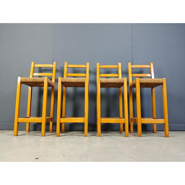 Vintage Oak and Papercord Bar Stools, 1960s, Set of 4 For Sale - Image 10 of 15