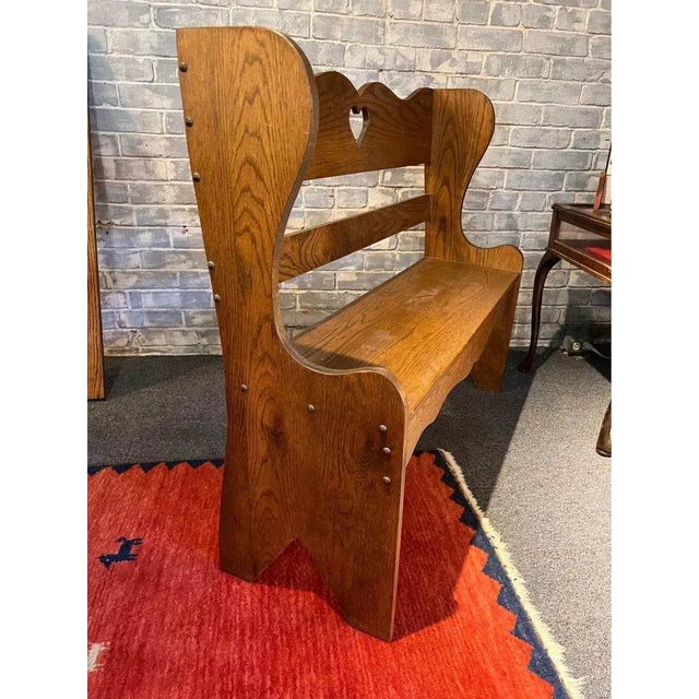 Vintage Early American Primitive Oak Bench With a Heart Carved in the Backrest For Sale - Image 4 of 7