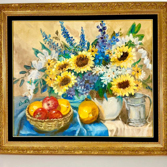 Mid-Century Impressionist Boho Chic Sunflower Still Life Original Oil Painting by American Edith Weir For Sale - Image 12 of 12