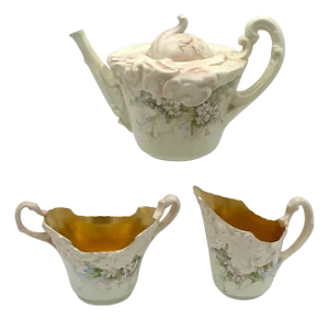 Doulton Burslem Blush Ivory 3 Piece Tea Set with Apple Blossom Decoration, 1889