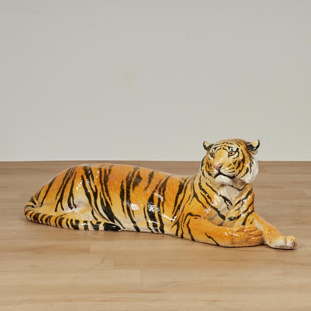 Stately mid century Italian tiger sculpture or figure crafted in terra cotta, in repose, hand decorated and glazed....