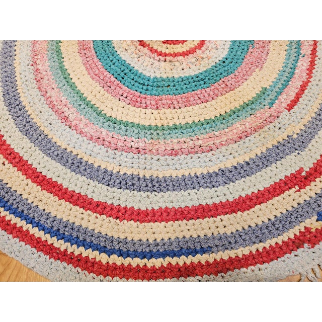 Antique American Braided Round Rug, Handwoven Folk Art, Red & Blue, 4x4 For Sale - Image 4 of 8