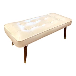 60s Tufted Rectangular Bench in Ivory Vinyl For Sale