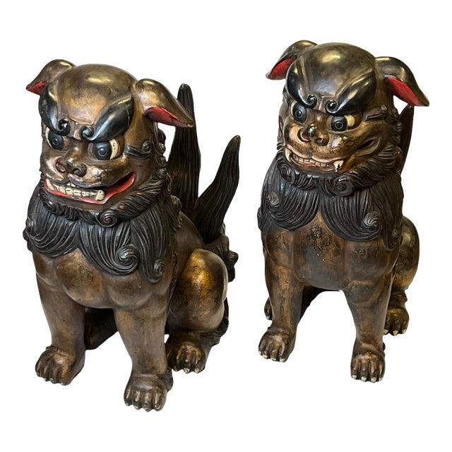 Very Large Chinese or Japanese Carved Wooden Fu Lions - A Pair For Sale