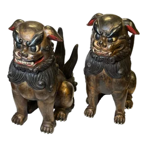 Very Large Chinese or Japanese Carved Wooden Fu Lions - A Pair