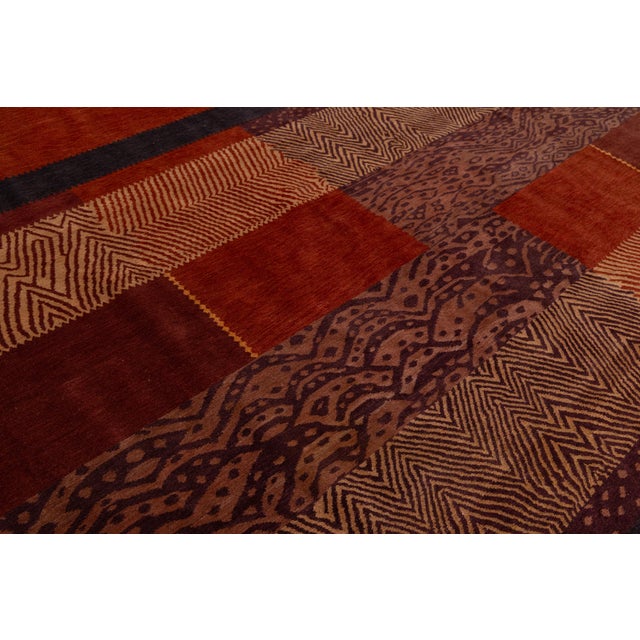 Red Modern Tibetan Hand-Knotted Wool & Silk Rug With Patchwork Design in Red Tones For Sale - Image 8 of 10