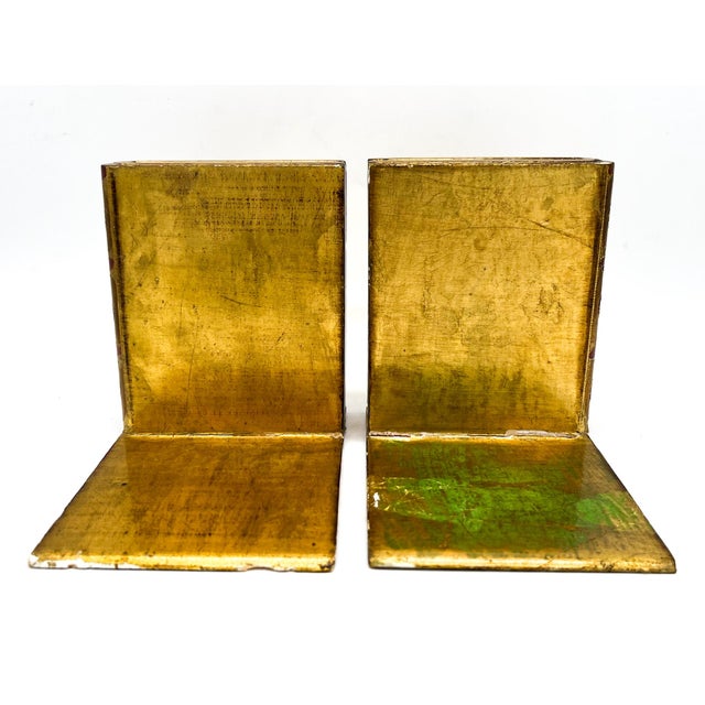 Pair of Vintage Italian Florentine Giltwood Bookends | Faux Book Spine Design - Mid- Century, Shabby Chic, Neoclassical, Library For Sale - Image 9 of 13