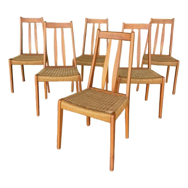 Danish Teak & Cord Dining Chairs - 6 For Sale