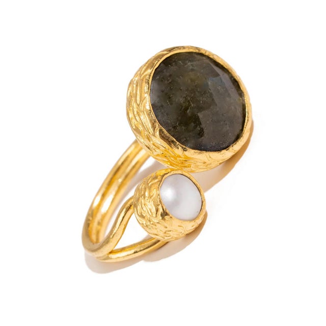 Contemporary Mystic Duo Labradorite & Pearl Gold Adjustable Ring, Size 4 For Sale - Image 3 of 9