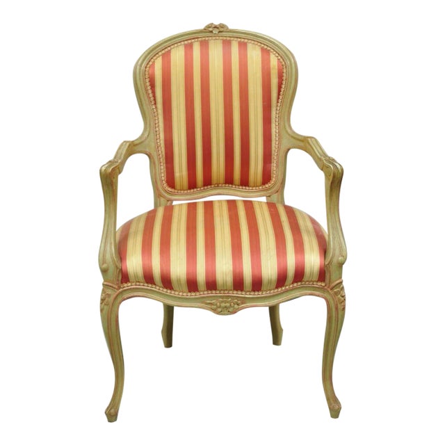 Vtg French Louis XV Style Green & Pink Painted Arm Chair Fauteuil Striped Fabric For Sale