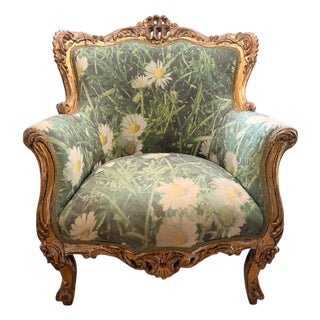 Modern Maximalist Carved Giltwood Armchair in Avant-Garde Daisy Meadow Floral For Sale