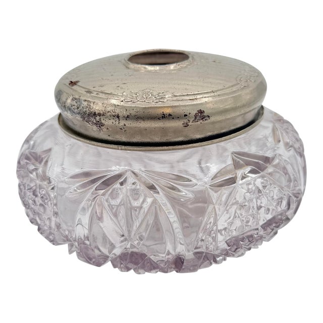 Art Deco Cut Crystal Hair Receiver With Silver Tone Lid, Vintage Vanity Jar For Sale