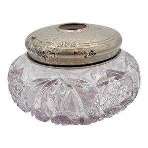 Art Deco Cut Crystal Hair Receiver With Silver Tone Lid, Vintage Vanity Jar