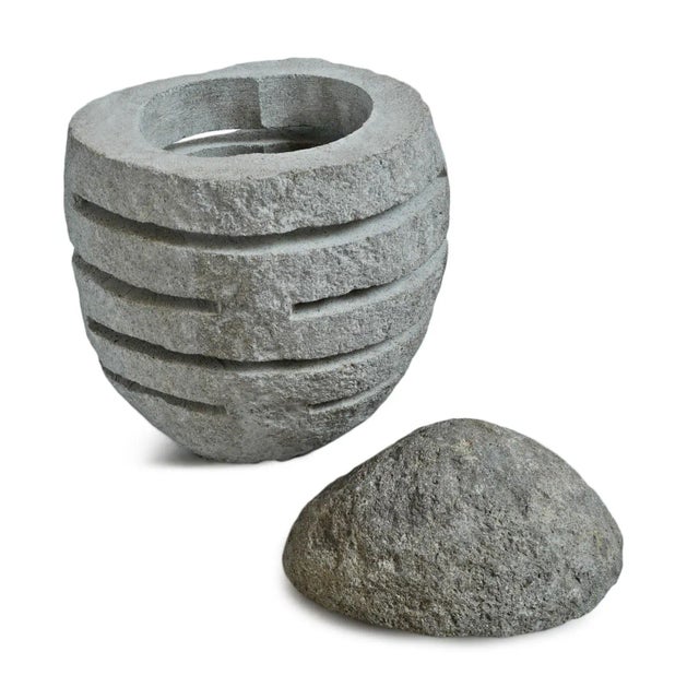Vintage solid stone river rock with laser cut designs throughout. Top is removable for candle or set up for wiring with...