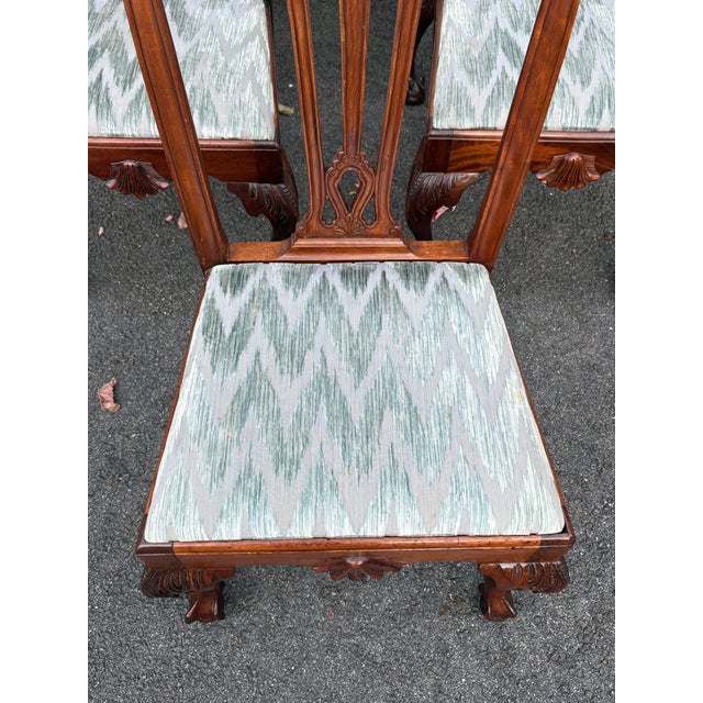 Antique Chippendale Carved Ball and Claw Foot Upholstered Dining Chairs- A Set of 6 For Sale - Image 9 of 12