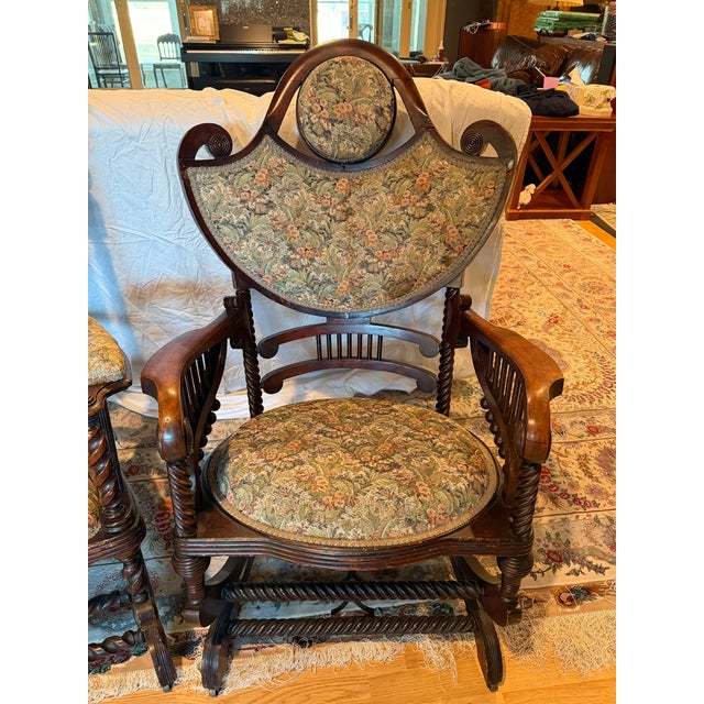 Pair of Antique Victorian Barley Twist Upholstered Franklin Rocking Chairs, Circa Late 19th Century For Sale - Image 4 of 8