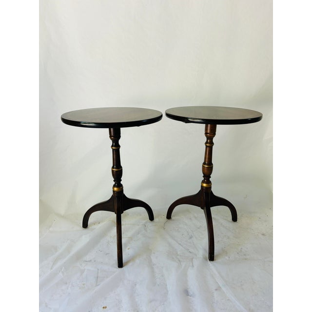 Vintage a pair of round stencil decoration signed L.Hitchcock side tables , in sturdy and good condition.