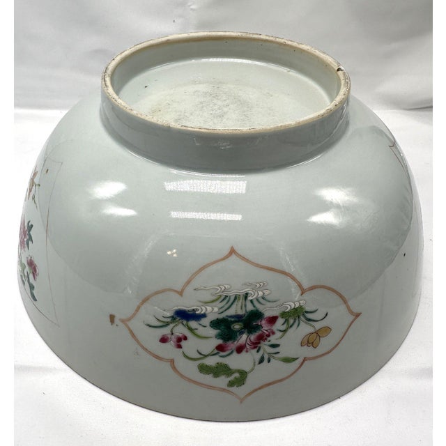 Ceramic 18th C. Qianlong Chinese Export Famille Rose Gilt 12 Inch Punch Bowl, Antique Qing Dynasty Chinoiserie Porcelain Centerpiece, Mandarin Palette For Sale - Image 7 of 18