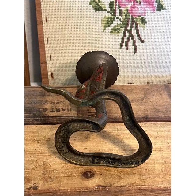 Metal 1970s Snake Brass-Tone Candle Holder With Ornate Floral Patina For Sale - Image 7 of 7