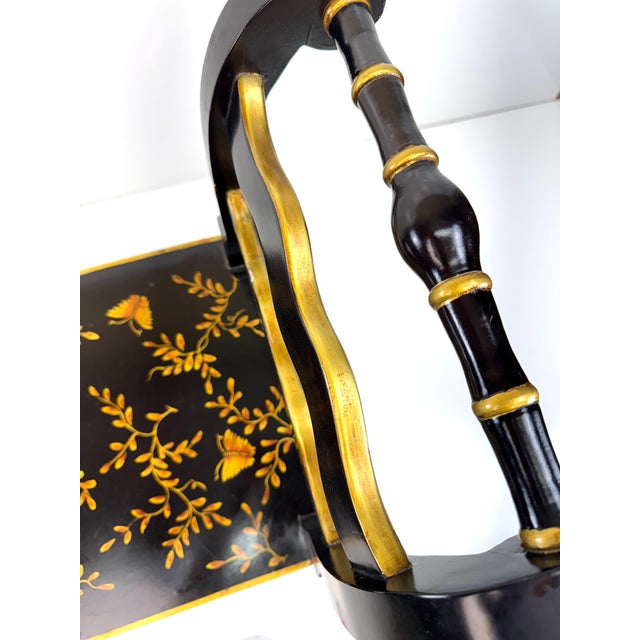 Black Vintage Chinoiserie Black Lacquer Accent Bench With Gilt Hand-Painted Motifs For Sale - Image 8 of 15