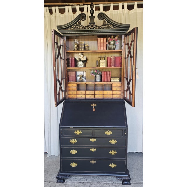 1940s Black Chippendale Style Secretary Desk/ Secretary Hutch, 2 Piece Cabinet For Sale - Image 14 of 17