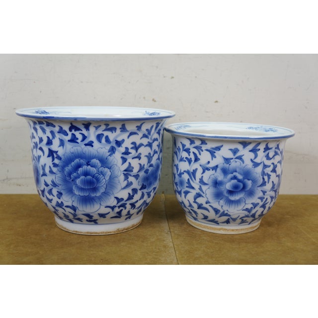 Early 20th Century 2 Chinese Chinoiserie Blue & White Lotus Flower Planters Cachepots Jardinières For Sale - Image 11 of 16