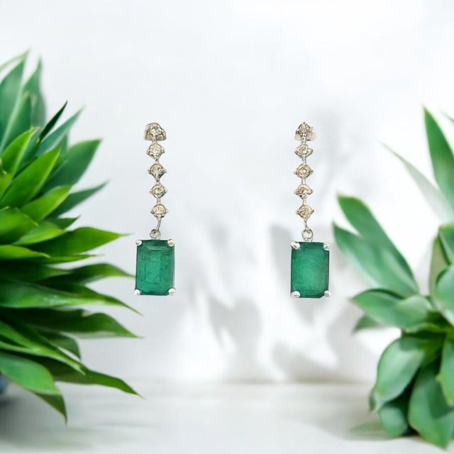 2010s Natural Emerald Diamond Dangle Earrings 14k W Gold 3 TCW Certified For Sale - Image 5 of 10