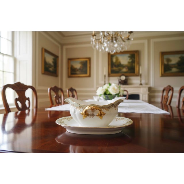 Antique Elite Works Limoges Two-Handled Gravy Boat - Celadon Dots and Gilded Scrolls For Sale - Image 17 of 17