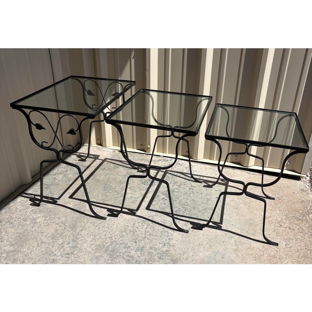 John Salterini Vintage Art Deco Set of 3 Wrought Iron and Glass Garden Patio Nesting Tables For Sale - Image 4 of 11