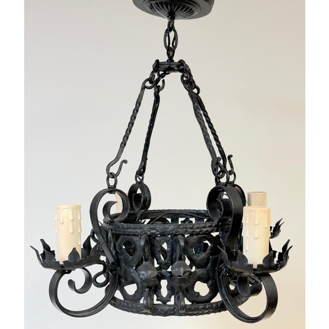 Spanish Addison Mizner Style Spanish Colonial Wrought Iron Four-Light Chandelier For Sale - Image 3 of 18