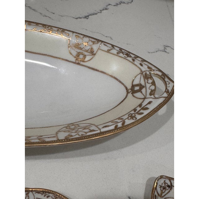 Antique Nippon Hand-Painted Porcelain Celery Bowl & Salt Cellars, Set of 5 – Morimura Brothers, C. 1910–1921 For Sale In Miami - Image 6 of 9