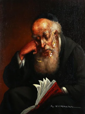 Rabbi Reading 3, Abraham Straski Oil on Canvas, Signed Bottom Right