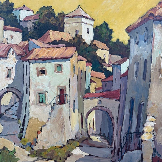 Large Vintage Original Oil Painting Spanish Village Mediterranean Scene For Sale - Image 4 of 11