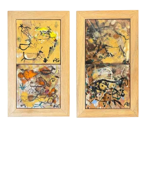 Mid-Century Modern Artisan Abstract Wood Framed Ceramic Tile Wall Art- Set of 2