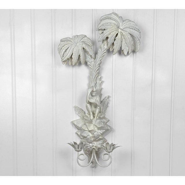 Traditional Vintage Florida Regency White Lacquered Palm Tree & Monkey Candle Wall Sconce For Sale - Image 3 of 11