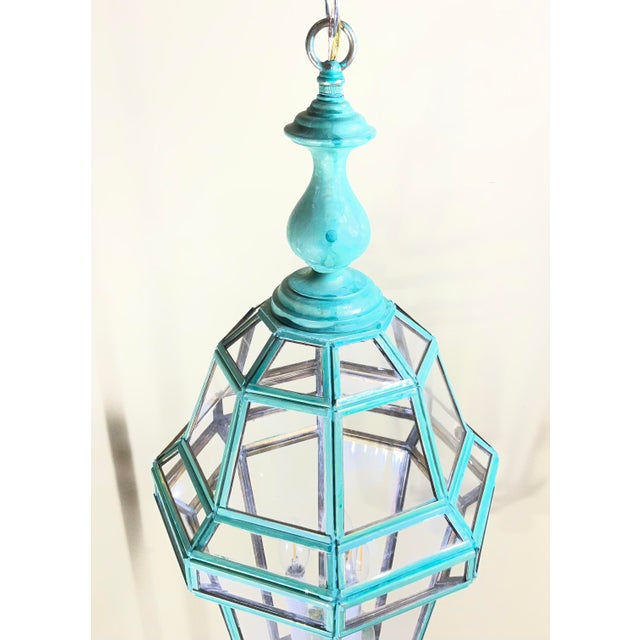 Turquoise Vintage Solid Brass French Style – Verdigris – Hexagonal Chandelier -31”h X 12”w For Sale - Image 8 of 17