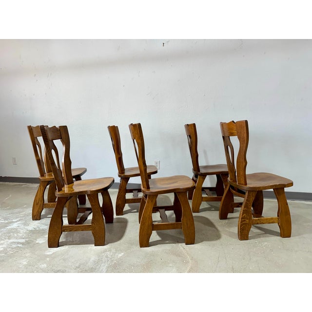 1970s 1970s Vintage Brutalist Oak Dining Set, Extension Table and 6 Chairs - Set of 7 in Style of Guillerme Et Chambron For Sale - Image 5 of 12