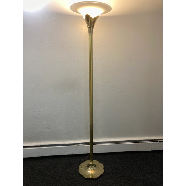 Modernist Solid Brass Tulip Torchiere Floor Lamp Milk Glass Diffuser by the Stiffel Company For Sale - Image 10 of 13