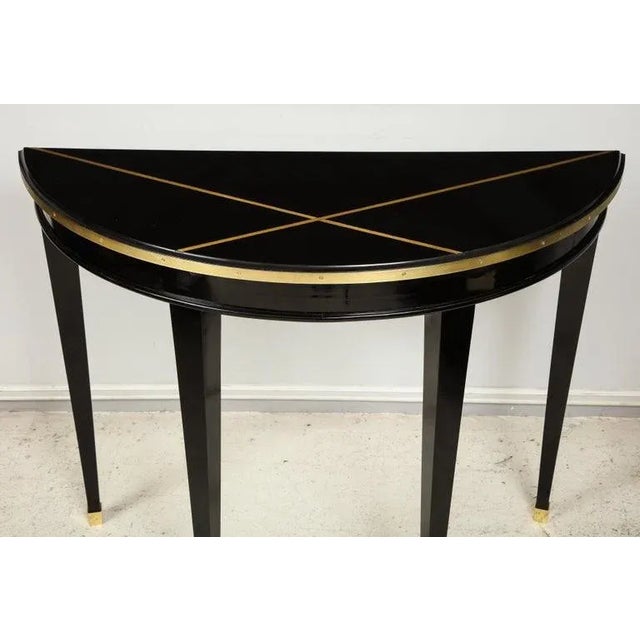 Wood Bespoke Ebonized Demilune Consoles With Inlaid Brass Top - a Pair For Sale - Image 7 of 11